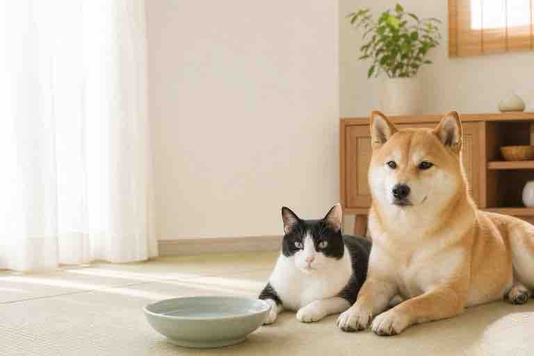 猛暑日の室内で水皿のそばにいる柴犬と猫