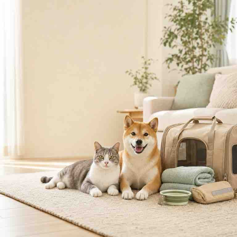 犬猫と防災用キャリーを準備するイメージ
