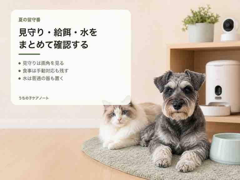 夏の留守番に見守りカメラと給餌器、水皿を用意するミニチュアシュナウザーとラグドール