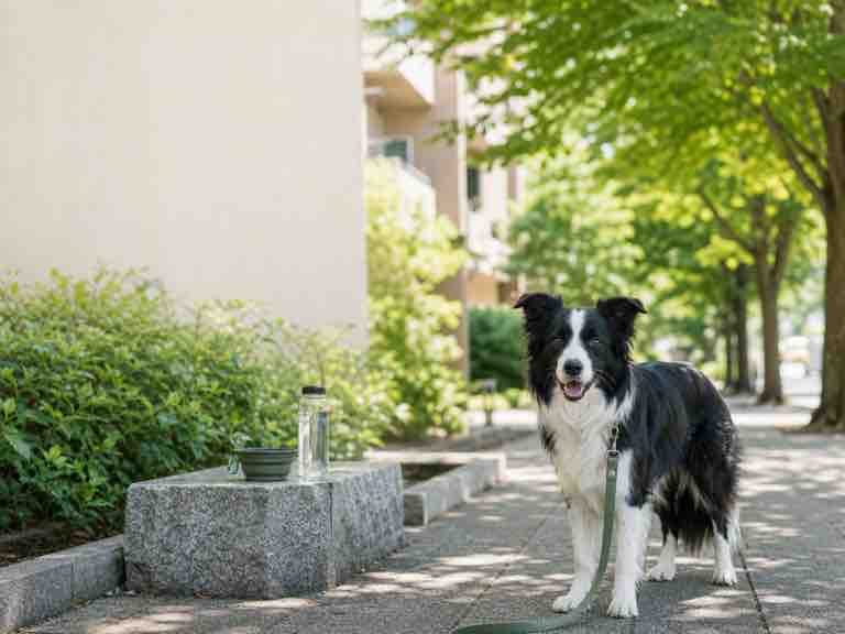 夏の散歩前に路面と水を確認する犬