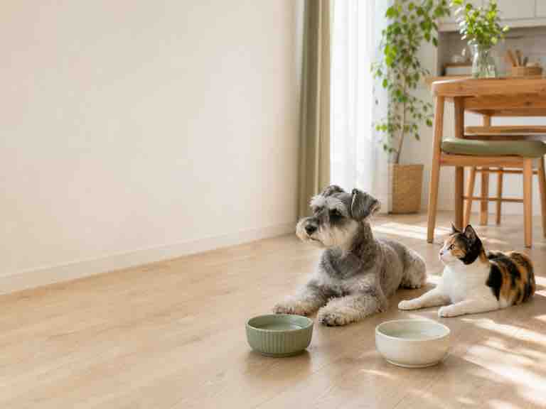 夏の水皿と置き場所を確認する犬猫