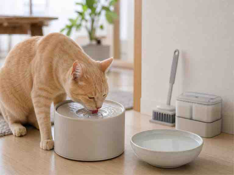 猫の給水器と普通の水皿を併用する場面