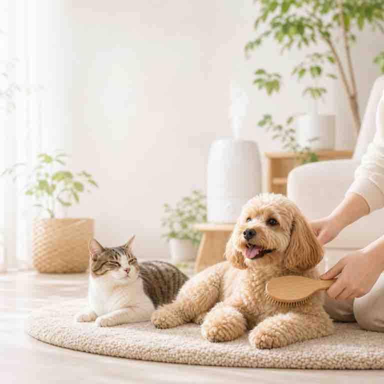 ブラッシングと室内の乾燥ケアをする犬猫