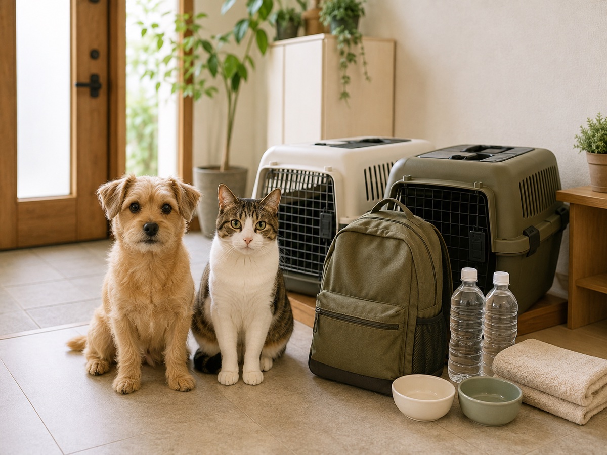 犬と猫、2つのキャリー、防災バッグ、水、タオルをそろえた家庭の備えのイメージ