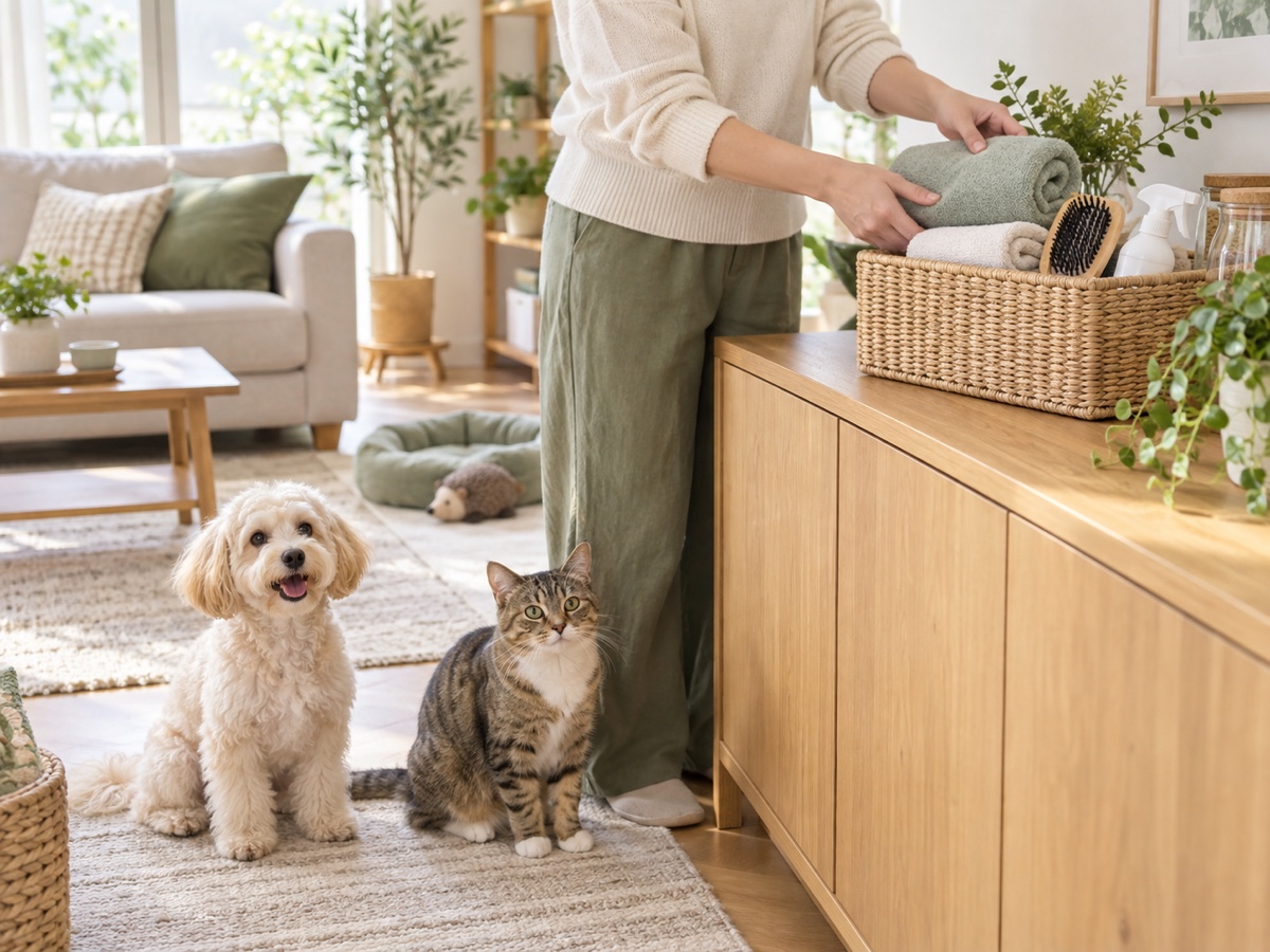 犬猫のケア用品を棚の上のかごに整理するイメージ